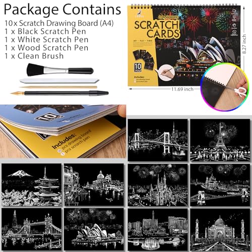 10-Board Scratch Art Book for Adults, Rainbow Cityscape Kit with Tools | Scratch art tools reveal 10 rainbow cityscapes for screen-free tabletop entertainment at home, during travel or with friends. - color: Travel Landmarks A