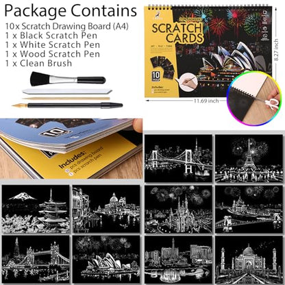 10-Board Scratch Art Book for Adults, Rainbow Cityscape Kit with Tools | Scratch art tools reveal 10 rainbow cityscapes for screen-free tabletop entertainment at home, during travel or with friends. - color: Travel Landmarks A