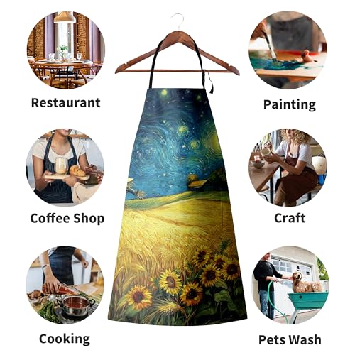 Fall Aprons Golden Sunflower Wheat Field Under Van Gogh Starry Night Apron with Pockets Adjustable Strap Autumn Kitchen Chef Apron Art Apron for Painting Crafting Cooking Barbecue Sewing - color: Fall Starry Night