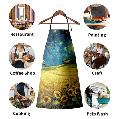 Fall Aprons Golden Sunflower Wheat Field Under Van Gogh Starry Night Apron with Pockets Adjustable Strap Autumn Kitchen Chef Apron Art Apron for Painting Crafting Cooking Barbecue Sewing - color: Fall Starry Night