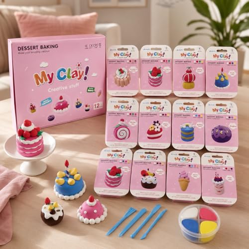 Air Dry Clay Kit for Kids, 12 Dessert Baking Modeling Clay for Kids, DIY Model Magic Clay with Tools and Tutorials, Soft&Non-Sticky, Safe&Non-Toxic Magic Clays,Creatible Art Crafts Toys Gifts - color: 12 Packs Desserts Dream Kit