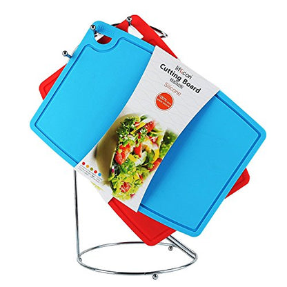 Liflicon Thick Cutting Boards for Kitchen Silicone Chopping Board Set of 2 Mid 12.6'' x 9.1”,Mini 9.1”x7.1” Non-slip Deep Drip Juice Groove Easy Grip Handle,Dishwasher Safe-Blue - color: Blue, size: 9.1"L x 7.1"W & 12.6"L x 9.1"W
