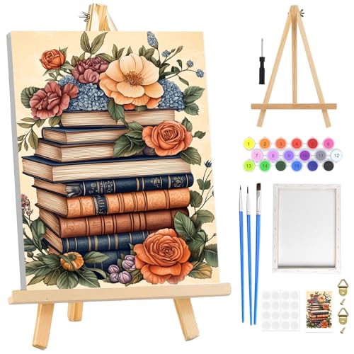 RICUVED Paint by Numbers Kit for Adults Beginners Framed with Wooden Easel, Books Flowers Adults' Paint-by-Number Kits on Canvas, DIY Easy Acrylic Oil Painting by Numbers for Home Decor, 8x12in - color: OMS061