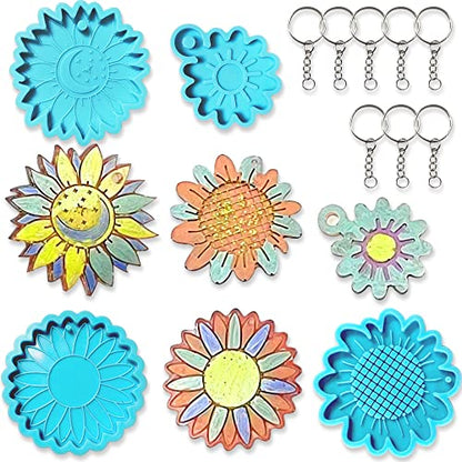 Sunflowers Resin Keychain Molds, Floral Flowers Silicone Keychain Fondant Molds with 8 PCS Key Rings 8 PCS Keychain Tassels, Casting Molds for DIY Keychain Jewelry Necklaces Crafts