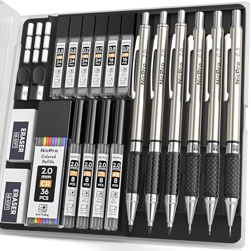 Nicpro Art Mechanical Pencil Set in Storage Case, Metal Drawing Pencil 6PCS | 0.5-2.0 mm Led Pencil + (4B 2B HB 2H Colors) Pencil Lead Refill, Comfort Grip for School Writing, Artist Drawing Sketching - style: 6 Pack (0.5mm+0.7mm+0.9mm+2.0mm)