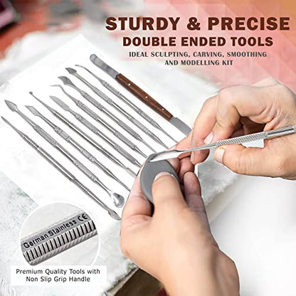 A2Z 10 PCS Wax Carving Tools Dental Waxing Instruments with Case, Stainless Steel Wax Carvers Set - Metal Clay Sculpting Pottery Sculpture Tools - Double Ended DIY Carving Modeling Kits