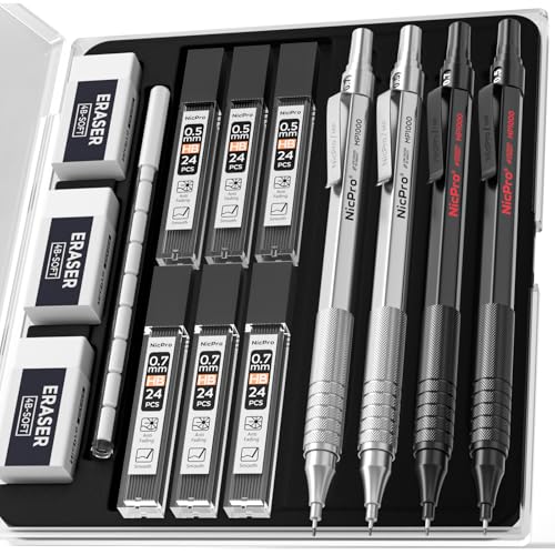 Nicpro 4 PCS Metal Mechanical Pencil Set 0.5 mm & 0.7mm with Case | Artist Pencil MP1000 with 6 Tubes HB Lead Refill, 3 Eraser, 9 Eraser Refill For Art Writing Drafting Drawing,Black & Silver - color: Black + Silver (4 Pack)