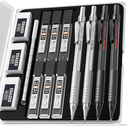 Nicpro 4 PCS Metal Mechanical Pencil Set 0.5 mm & 0.7mm with Case | Artist Pencil MP1000 with 6 Tubes HB Lead Refill, 3 Eraser, 9 Eraser Refill For Art Writing Drafting Drawing,Black & Silver - color: Black + Silver (4 Pack)