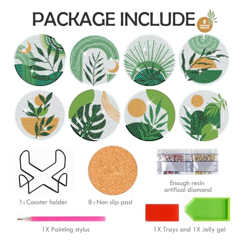 Boho Diamond Art Coasters - 8 Pcs DIY Green Plant Diamond Painting Coasters Kits with Holder for Drinks Coffee Aesthetic Gem Art Crafts Supplies Birthday Easter Gift for Beginners Adults - color: Boho Plant