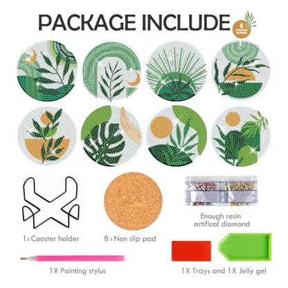 Boho Diamond Art Coasters - 8 Pcs DIY Green Plant Diamond Painting Coasters Kits with Holder for Drinks Coffee Aesthetic Gem Art Crafts Supplies Birthday Easter Gift for Beginners Adults - color: Boho Plant