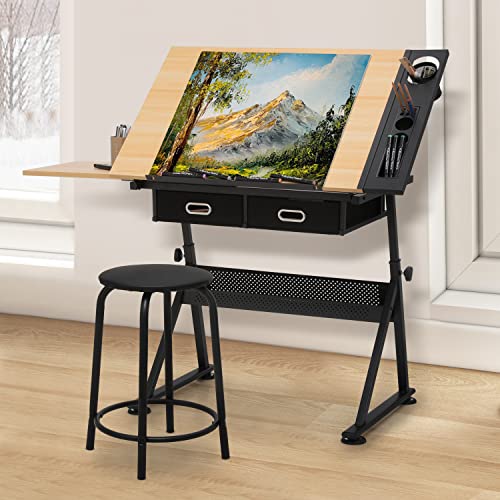 39‘’ Adjustable Drafting Table & Stool Set with Storage, Natural | Versatile Art Desk and Craft Center Home Study Room Artist Desk - color: Natural/Black
