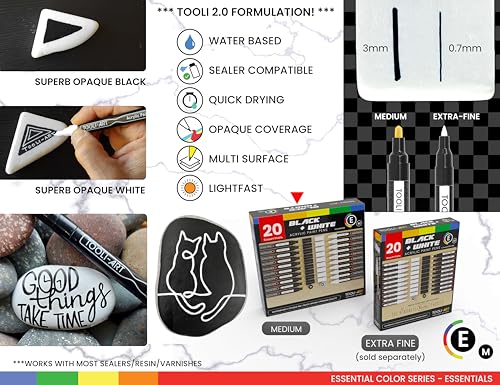 TOOLI-ART Black And White Acrylic Paint Markers Paint Pens Set For Rock Painting, Canvas, Mugs, Metal, Glass Paint, Fabric, Wood, DIY. Non Toxic, Quick Dry,Waterbas (MEDIUM) - style: MEDIUM