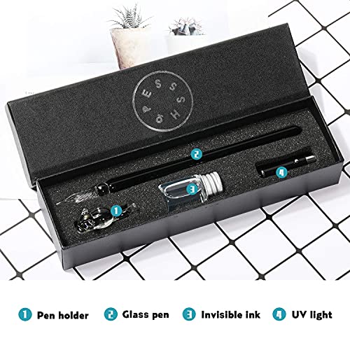 ESSSHOP Glass Dip Pen with Invisible Ink Set - UV Flashlight and Cat Pen Holder Elegant Handmade Crystal Smooth Cylindrical Calligraphy Signature Pen for Present Art Writing Drawing Gift