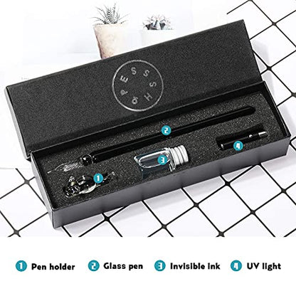 ESSSHOP Glass Dip Pen with Invisible Ink Set - UV Flashlight and Cat Pen Holder Elegant Handmade Crystal Smooth Cylindrical Calligraphy Signature Pen for Present Art Writing Drawing Gift