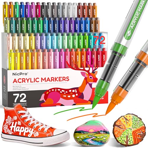 Nicpro 72 Colors Acrylic Paint Markers Brush Tip, Water-Based No-Bleed Paint Markers with Automatic Ink Control, Waterproof Acrylic Paint Pens for DIY Art & Crafts - Rock, Wood, Glass, Ceramic, Fabric - size: 1 Count (Pack of 72)