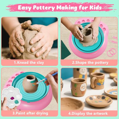 Pottery Wheel for Kids with Air Dry Clay Kit, 12 Paints & Tools, Ages 6-12 | No kiln needed: shape on the electric wheel, air-dry & paint. Gentle beginner speed; kit adds 3 clay packs, tools & apron - color: pink/cyan