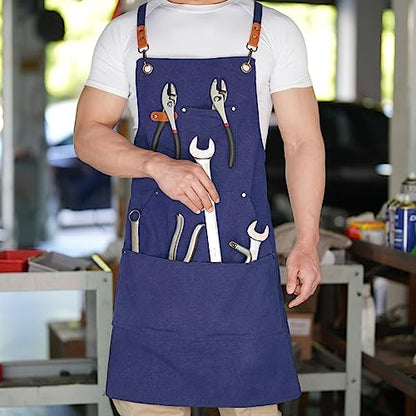 Aoomzoon Canvas Aprons for Men Chef Apron, Work Apron with Large Pockets - 16oz Heavy Duty Cross Back, BBQ, Cooking - color: Blue