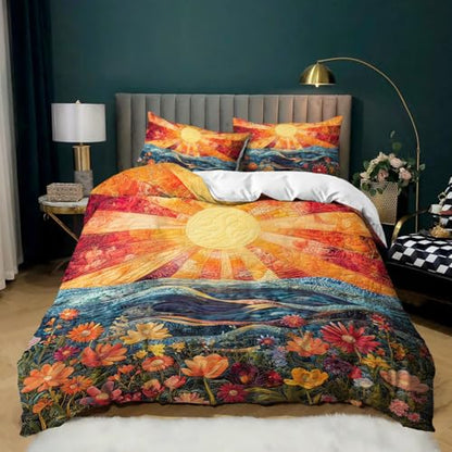 AILONEN Colorful Flower Duvet Cover Set Queen Size, Boho Sun and Ocean Bedding Set,Abstract Printed Soft Quilt Cover Cover + 2 Pillowcases,3 Pieces - color: S11, size: Queen