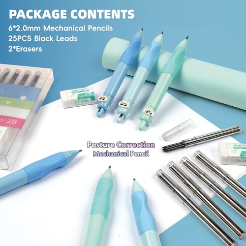 Mechanical Pencils 2.0mm Ergonomic Grip 6Pack with 25 Leads & 2 Erasers | Mechanical Pencil Set for School Supplies Student Writing, Drafting Drawing Sketching, Cute Stationery Kit