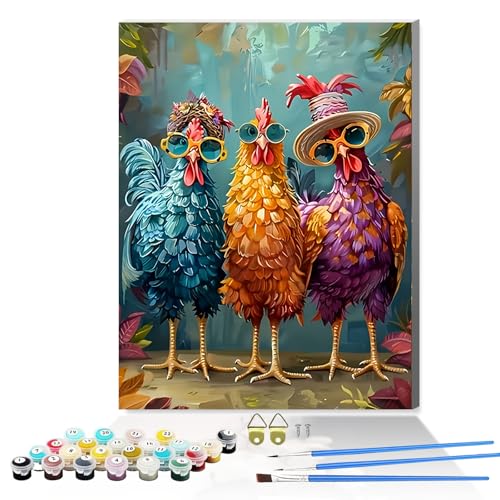 Hestarcul Framed Paint by Numbers Kit for Adults,Painting by Numbers Kits with Framed on Canva for Beginner,DIY Watercolor Oil Painting Frame for Birthday Gift Decor for Home Wall. (chicken1) - color: chicken1