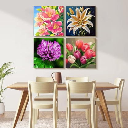 PRASIO 4 Pack Paint by Numbers Kit for Adults Framed Canvas with Wooden Easel, Flowers Easy Paint by Number Kits with Frame, Acrylic Watercolor Adult Paint by Number Kits on Canvas Framed 10x10 Inch - color: OP-4P-F-Flowers-2525