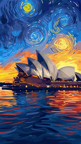ARTGOTO Large Paint by Numbers for Adults Sydney Opera House | 15.7x27.5inch/40x70cm Paint by Number Kit on Canvas, Starry Sky Harbor Acrylic Painting Set with Brushes, No Frame - color: PBN050