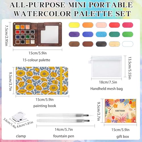 Mini Watercolor Paint Set - 15 Color Travel Watercolor Kit, Pocket Watercolor Paint Palette Set with Watercolor Book, Binder Clips, Pens, Storage Bag, Wooden Paint Box for Painters Artists Student - color: Yellow Flower