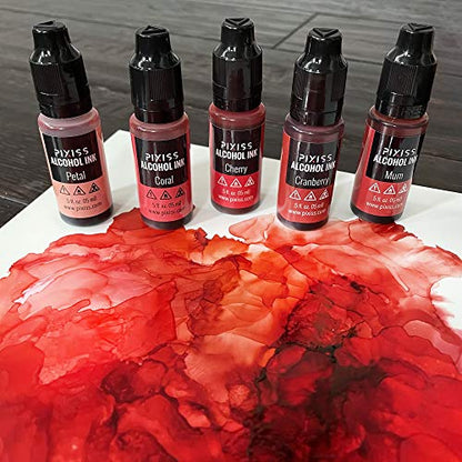 Pixiss Red Alcohol Ink Set and Alcohol Blending Solution for Ink (4oz) - Highly Saturated Alcohol Ink for Resin and Ink Blending Solution with Applicator Tip, Applicator Bottle, and Funnel