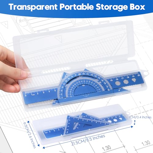 MSDADA Triangle Ruler, Protractor, 4 PC Metal Drafting Ruler Kit, Geometric Protractor for Student, School, Home, Office, the First Day of School Gift for Students, Teachers (Blue,20cm/7.87inch) - color: Blue, size: 20cm