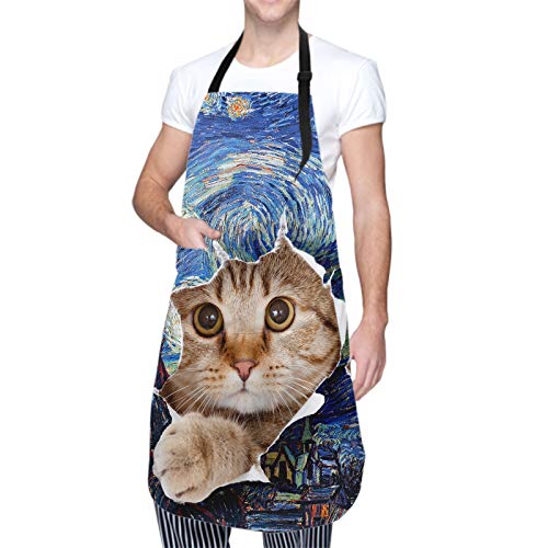 Funny Apron Polyester Grooming Aprons with Pocket for Cooking Kitchen Grilling Adults - color: Art Sky Cat