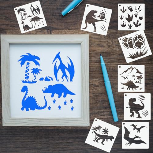 80 Pcs 3 x 3 Inch Stencils for Painting on Wood, Reusable Dinosaur Animal Mountain Plastic Stencils DIY Craft Paint Template Set for Wall Card Rock Home Decor - style: Dinosaur