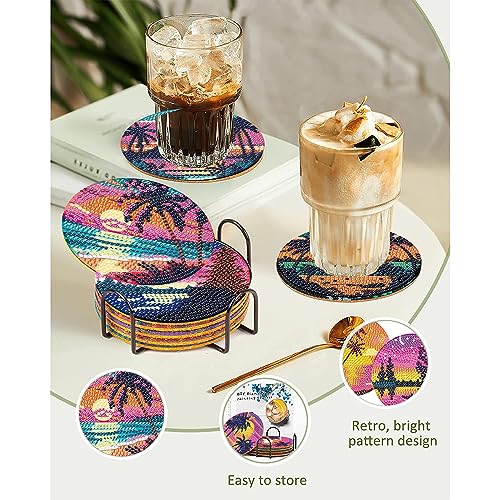 Clendo 8Pcs Diamond Painting Coasters Kits, DIY Landscape Diamond Art Coaster Kits with Holder, Small Diamond Painting Kits for Adults & Kids Art Craft Supplies - color: Bdz8p-85-001