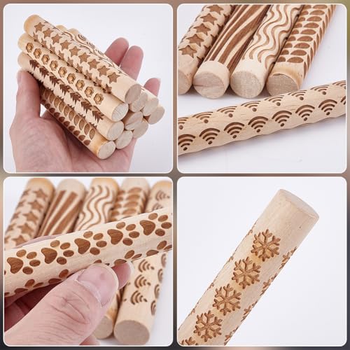 WADORN 10 Styles Wooden Clay Texture Rollers Set for Pottery, 10Pcs Wood Handle Pottery Tools 4.3x0.6'' Clay Textured Rolling Pin Modeling Pattern Roller Kit for DIY Crafts Ceramics Modeling Painting
