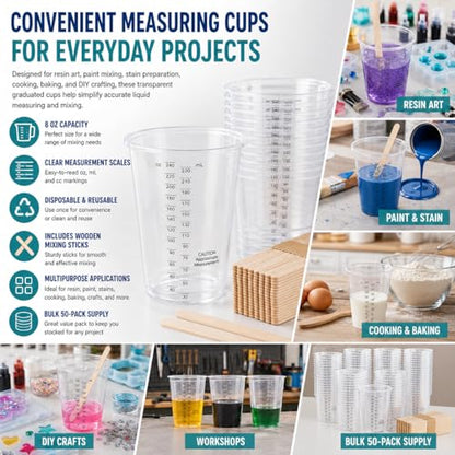 8oz Clear Plastic Measuring Cups, Graduated Mixing Cups, 50 Pack | Disposable & reusable, Graduated markings, 8oz capacity, Resin & paint mixing, Cooking & baking, 50 pack - color: 50 Pack