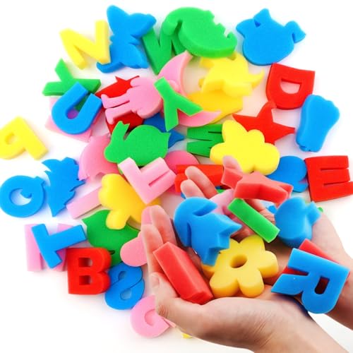 50PCS Sponge Painting Shapes - Alphabet Letters & Assorted Pattern Sponges, Colorful DIY Painting Animal Flower Shapes for Drawing, Graffiti Paint Crafts Supplies (Random Colors)