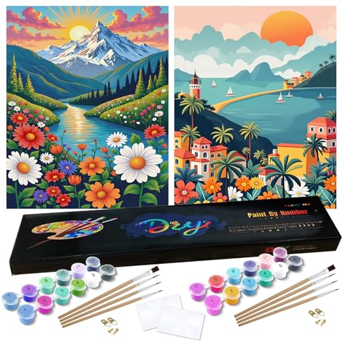 Pangoo Art 2 Pack Paint by Numbers Kit for Adults Beginners & Kids Ages, Paint by Number for Sunrise Mountains, 12" Wx16 L Acrylic Adult Paint by Number in Colorful Box for Home Decor - color: PA-Mountains