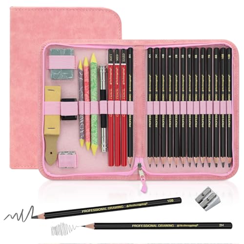 Heshengping, Sketching and Drawing Pencils Set 26pcs, Art Supplies Drawing pencil Kit,Graphite Charcoal Professional Pencils Set, Adults Beginners Artist - style: 26 Pack Sketching Pencils Pink