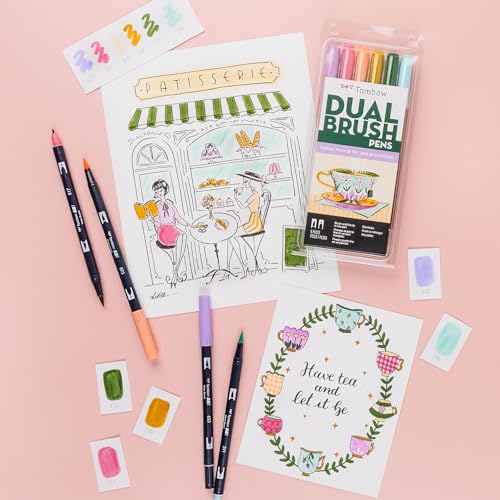 Tombow 56242 Dual Brush Pen Art Markers, Teatime, 6-Pack. Brush/Fine Tips