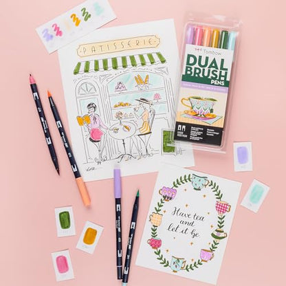 Tombow 56242 Dual Brush Pen Art Markers, Teatime, 6-Pack. Brush/Fine Tips