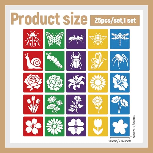 CUTHOLLOW Animals Fruit Plant Stencils, 24PCS 8-Inch Reusable Plastic | 24PCS 8-Inch Animals, Fruit & Plant Shapes, Reusable Washable Plastic, Painting, Crafts, Wall Art & Sidewalk Chalk - style: 25pcs-Flowers and Insects Patterns