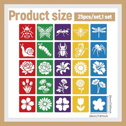 CUTHOLLOW Animals Fruit Plant Stencils, 24PCS 8-Inch Reusable Plastic | 24PCS 8-Inch Animals, Fruit & Plant Shapes, Reusable Washable Plastic, Painting, Crafts, Wall Art & Sidewalk Chalk - style: 25pcs-Flowers and Insects Patterns
