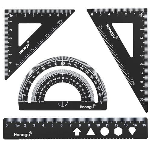 Honagu Triangular Ruler Set, 4 PC Metal Drafting Ruler, Geometric Protractor, Measuring Drawing Tool for Students, Teachers, Draftsmen, Engineers, Home School Office Supplies (15cm/5.9inches, Black) - color: Black, size: 15cm