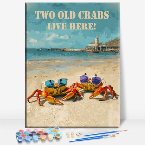 Aeontinity Crab Beach House Space Framed Canvas DIY Paint by Numbers Kit Bar Cafe Cave Home Room Wall Bathroom Porch Patio Decor Gift, 16 x 12 Inch - color: CRAB BEACH HOUSE