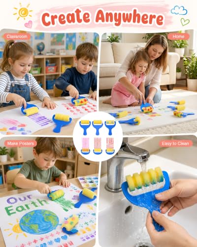 STOBOK Kids Paint Rollers Set, 8Pcs Sponge Painting Brushes with Large and Pattern Rollers for Finger Painting, Art Craft, Classroom Projects and Home DIY Crafts