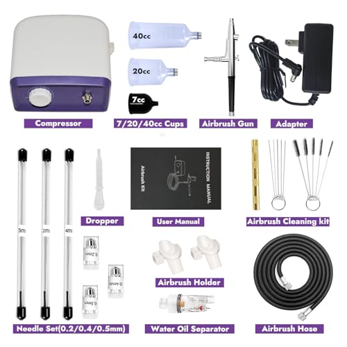 50PSI Dual Action Airbrush Kit with Compressor 0.2/0.4/0.5mm Nozzle Set | Non-clogging with 0.2/0.4/0.5mm nozzles & cleaning set. Dual-action brush for cake decor, makeup, nails & DIY – versatile!