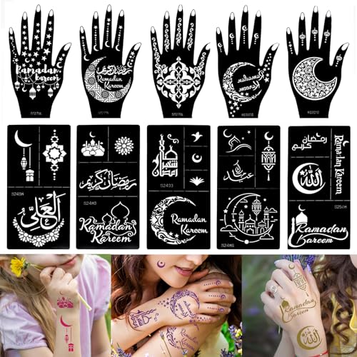 Xmasir 10 Sheets Henna Tattoo Stencils, Ramadan Temporary Tattoos Templates | Eid Tattoos Stickers Kit, Reusable Set for Girls and Women Body Art Paint - size: 10P