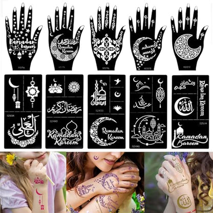 Xmasir 10 Sheets Henna Tattoo Stencils, Ramadan Temporary Tattoos Templates | Eid Tattoos Stickers Kit, Reusable Set for Girls and Women Body Art Paint - size: 10P