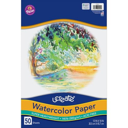 UCREATE 140 lb. Watercolor Paper, White, 12" x 18", 50 Sheets/Pack, 1 Pack | Super Heavyweight, Acid Free, Wet and Mixed Media - size: 12" x 18"
