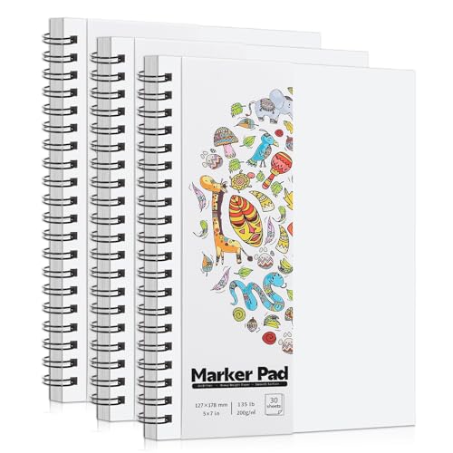 3 Pack Marker Paper Pad, 5×7 in, Double-Sided Bleedproof, Spiral Bound | 135Lb/200gsm Acid-Free Paper, Smooth for Alcohol Markers, Perforated Pages, Lays Flat for Sketching And Coloring - size: 5×7 Inch (3 Pack)