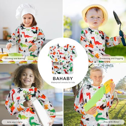 Kids Art Smocks Dinosaur Painting Aprons for Children Waterproof Artist Smock with Long Sleeve and 3 Pockets for Age 3-8 Years (White) - color: Dinosaur (White)